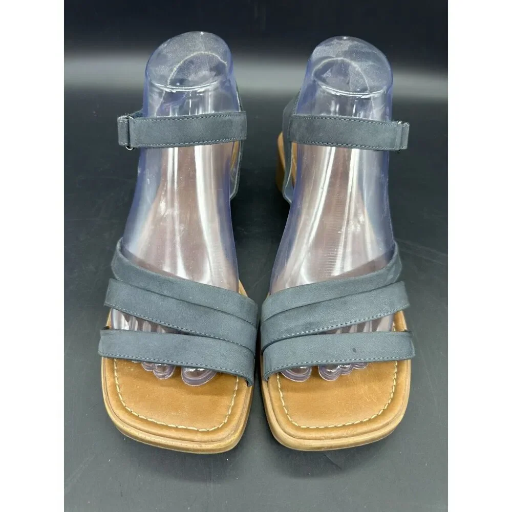 Liz Claiborne LizFlex Micki Navy Blue Leather Wedge Sandals Womens 7.5 M Strappy